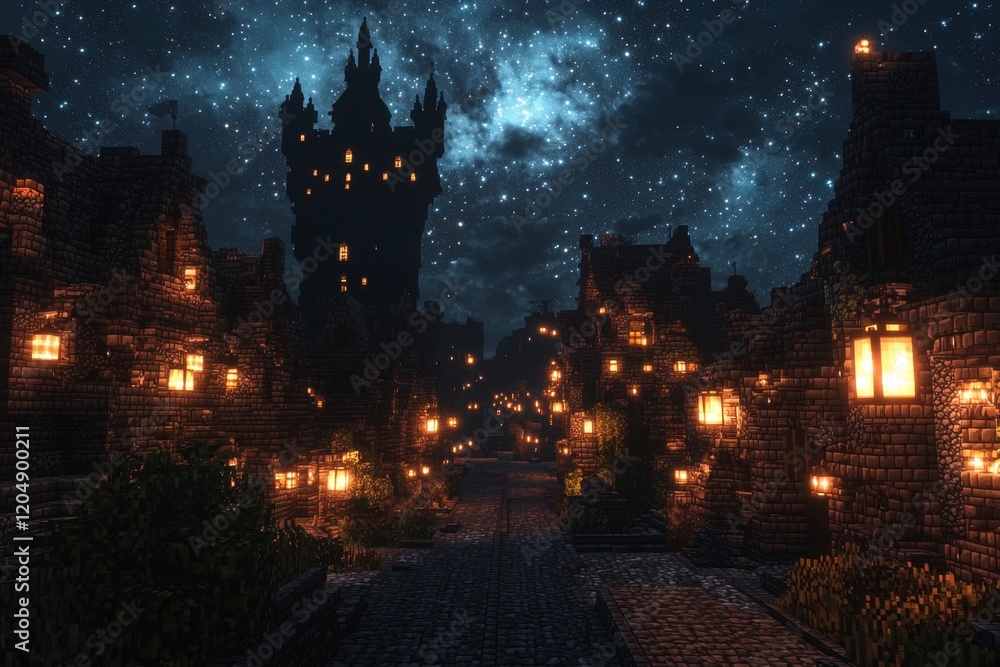 nighttime fantasy city, where shadowy figures wander through narrow streets, all eyes drawn to a towering black castle rising ominously in the background nighttime fantasy city, where shadowy figures wander through narrow streets, all eyes drawn to a towering black castle rising ominously in the background