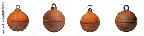 Rustic vintage style metal spheres or balls hanging as decorative ornaments or pendants  These weathered distressed metal objects with a patina finish can be used for home decor holiday displays