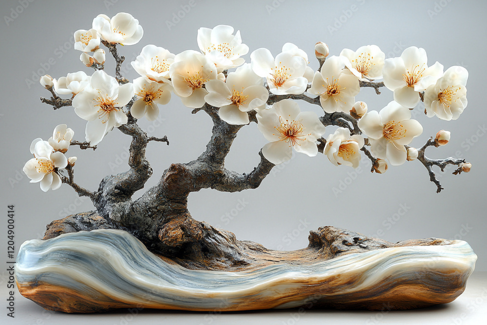 Fototapeta premium Delicate White Blossoms Adorn Carved Wooden Bonsai Tree