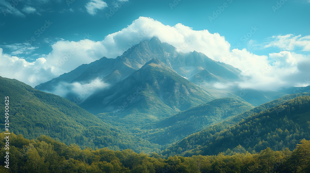 A mountain range covered in trees, with cloudy skies above A mountain range covered in trees, with cloudy skies above