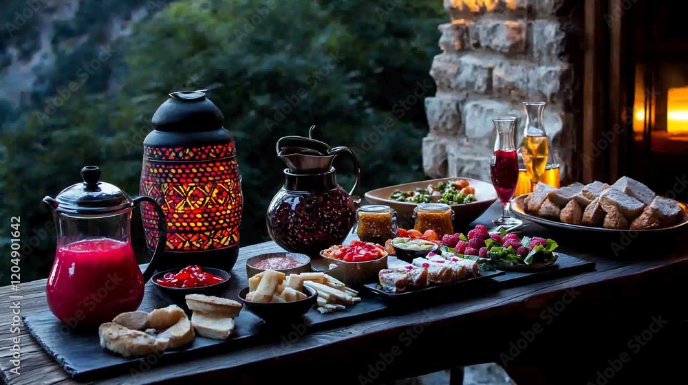 Rustic outdoor table with diverse food and drink selections at sunset. Rustic outdoor table with diverse food and drink selections at sunset.