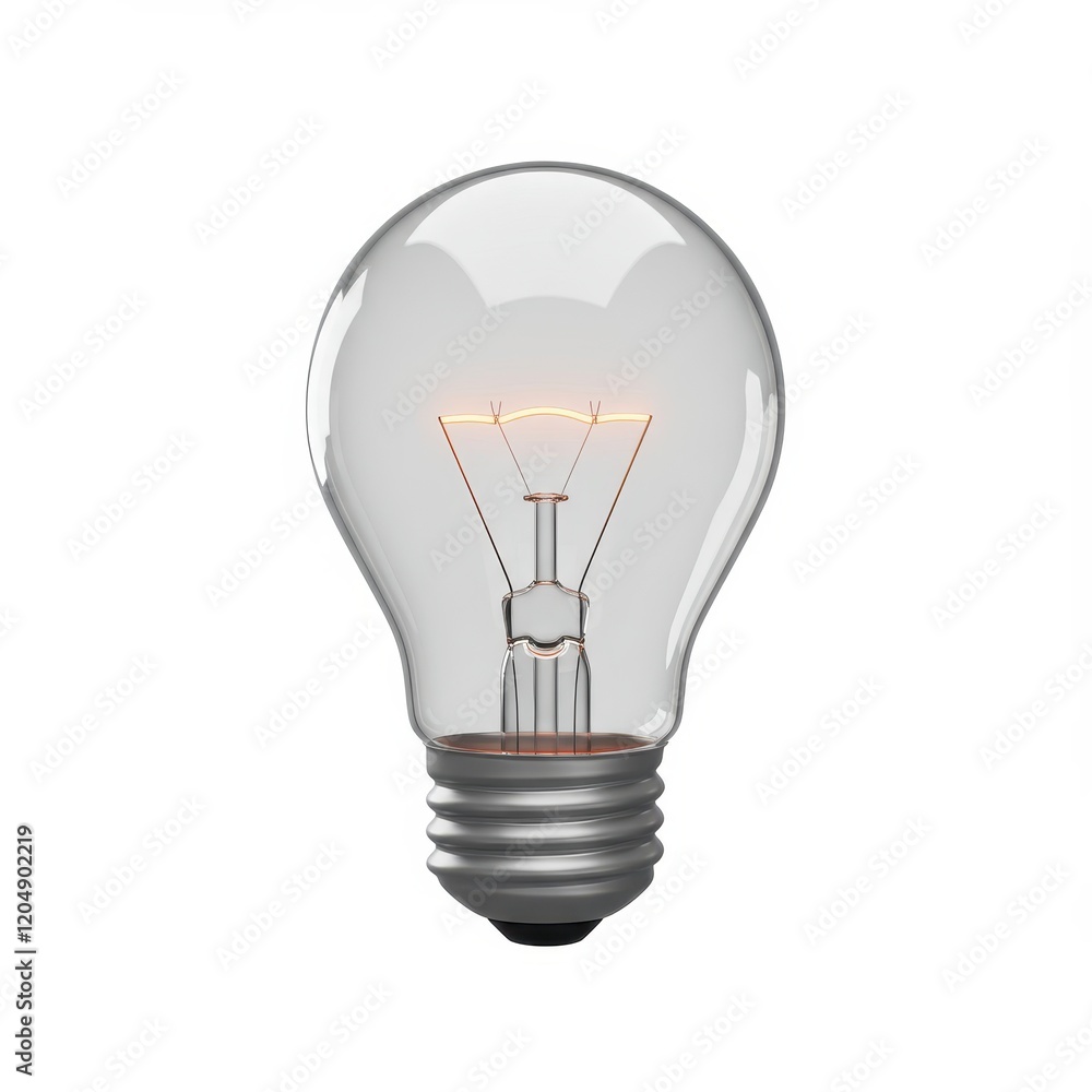 A 3D illustration of a transparent glass lightbulb with glowing orange filaments isolated on a white background A 3D illustration of a transparent glass lightbulb with glowing orange filaments isolated on a white background