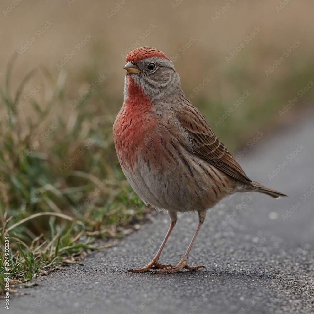 Close-up of a Common Redpoll with Red Crown. Male House Finch (Carpodacus mexicanus). Grosbeak sitting on a branch. Close-up of a Common Redpoll with Red Crown. Male House Finch (Carpodacus mexicanus). Grosbeak sitting on a branch.