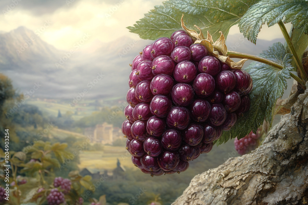 Fototapeta premium Lush Purple Berries Against Serene Mountain Landscape