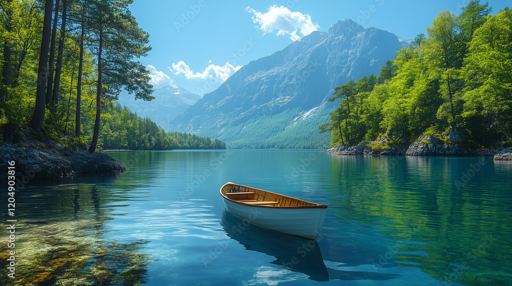 A tranquil lake with a small boat is surrounded by forested mountains A tranquil lake with a small boat is surrounded by forested mountains