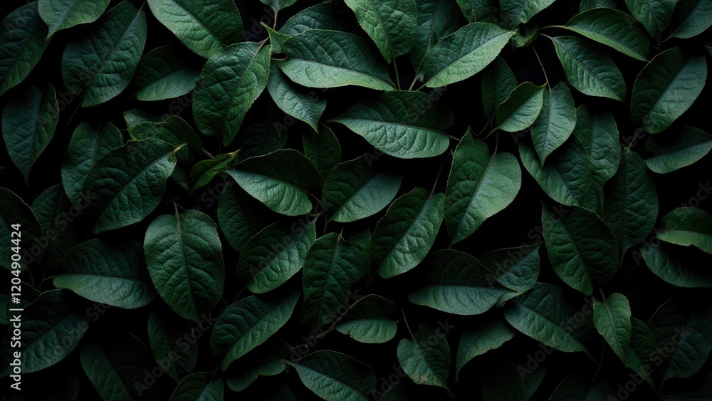 Obraz premium Close-up of diverse, dark green leaves; varied sizes and shapes create a natural mosaic, with some pointing to the top right. An organic tapestry captured in nature's whimsy