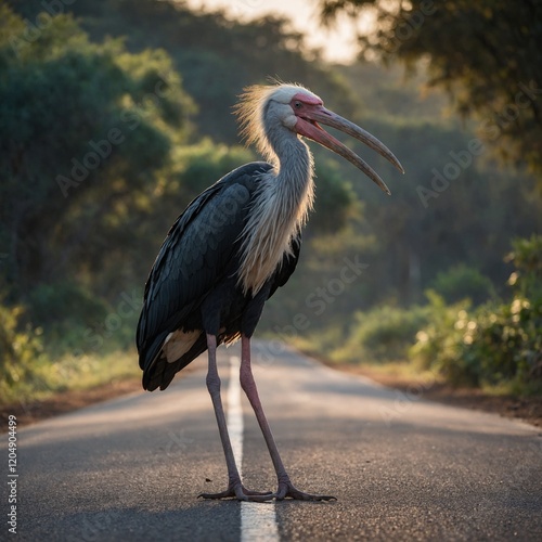 Bald Ibis. Shoebill Stork Standing Motionless in a Misty Marsh, Its Massive Beak Highlighted By the Soft Morning Light, Water Reflecting And Morning Sun Shine.  photo