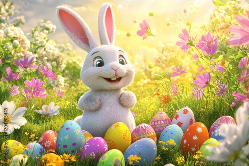 Wallpaper Mural cute Easter Bunny surrounded by a variety of colorful Easter eggs, with playful expressions and a backdrop of a vibrant spring garden Torontodigital.ca