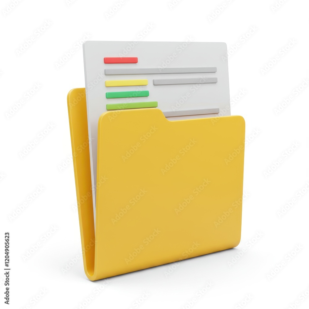 A 3D illustration of a yellow folder holding a white document with colorful text lines isolated on a white background A 3D illustration of a yellow folder holding a white document with colorful text lines isolated on a white background