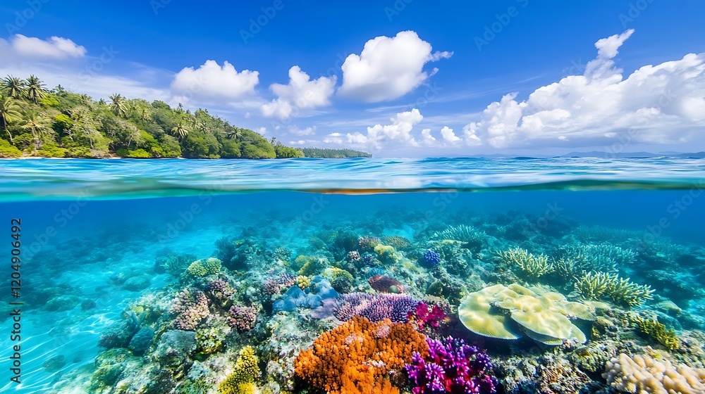 Naklejka premium Tropical island paradise with vibrant coral reef