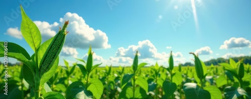 Soybean pods and leaves against a clear blue sky with clouds, sunlight, soybeans, agriculture