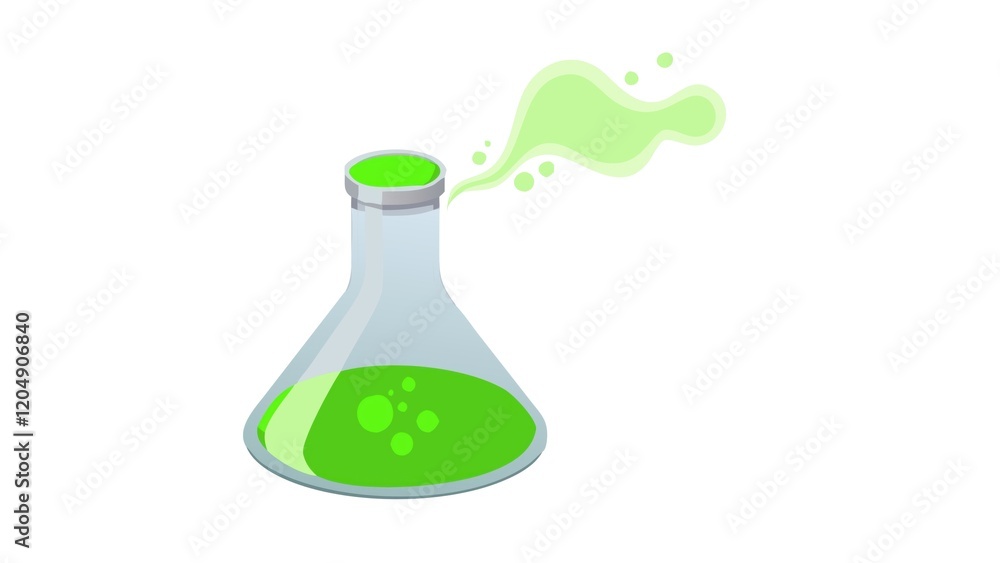 A green potion in a flask emits bubbles and vapor, suggesting a magical or scientific experiment. A green potion in a flask emits bubbles and vapor, suggesting a magical or scientific experiment.
