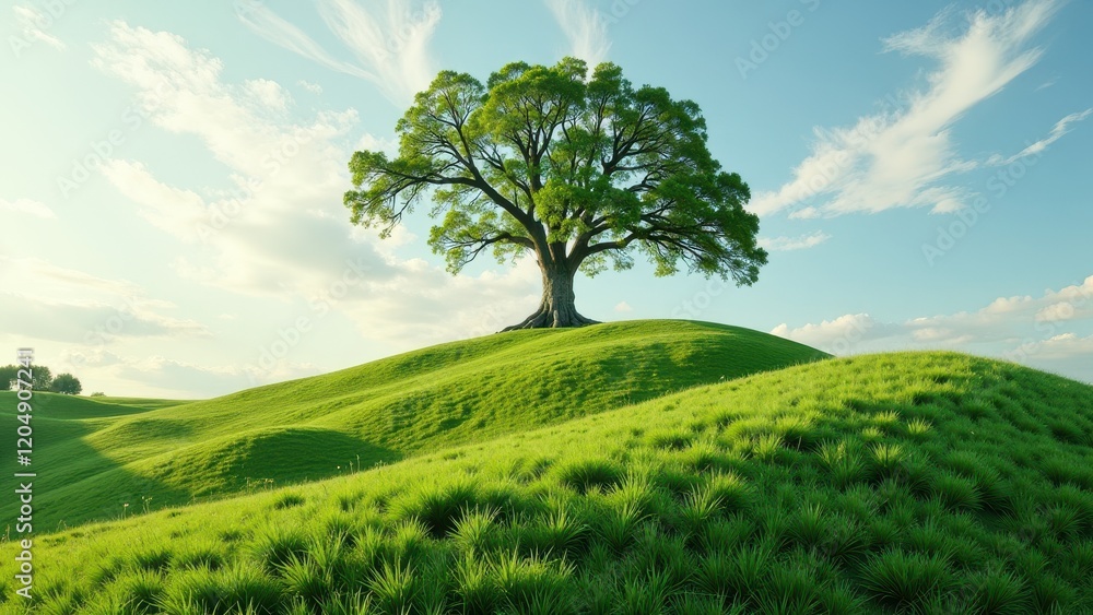 Eye-level capture of a solitary tree atop a verdant hill, perfectly centered against a serene light blue sky adorned with delicate clouds Eye-level capture of a solitary tree atop a verdant hill, perfectly centered against a serene light blue sky adorned with delicate clouds