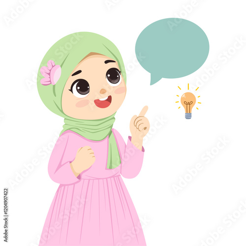 cute little Muslim girl, with pointing finger accompanied by empty chat bubble and idea lamp