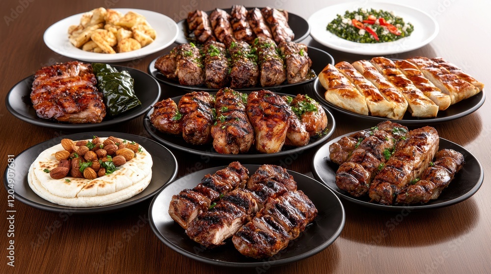 Rich and Inviting Spread of Iftar Dishes Featuring Grilled Meats and Appetizers Rich and Inviting Spread of Iftar Dishes Featuring Grilled Meats and Appetizers