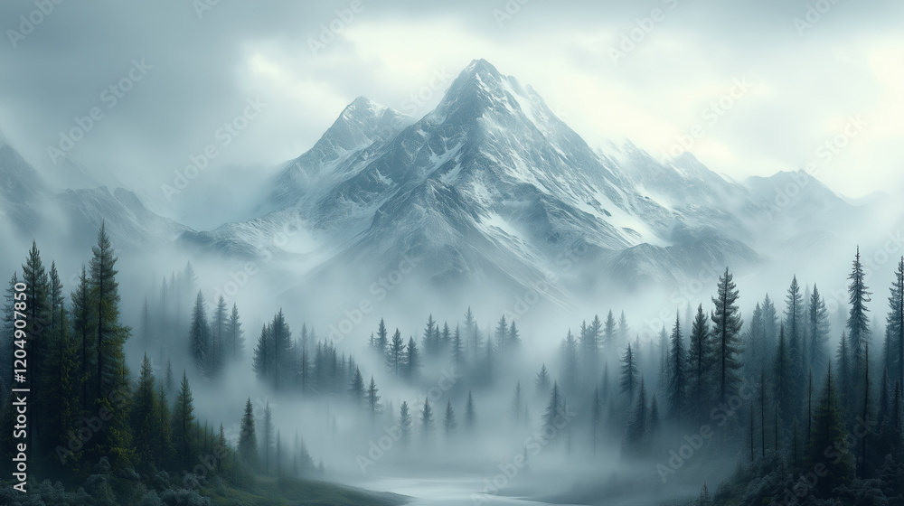Snow-covered peaks in foggy forests Snow-covered peaks in foggy forests