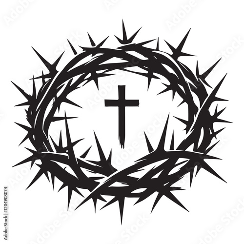 The Crown of Thorns Silhouette Vector Illustration, Solid White Background.