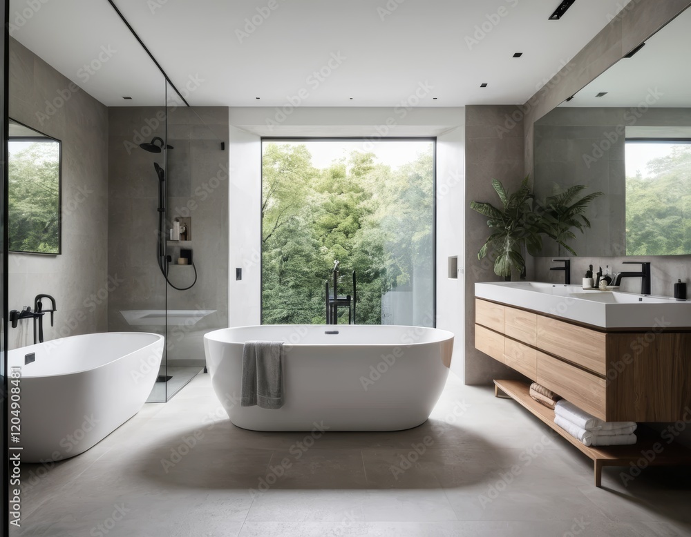 Fototapeta premium Modern Bathroom Interior Design with Freestanding Tub and Double Vanity