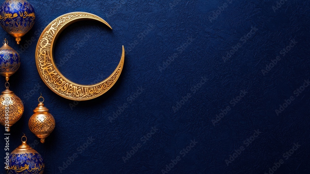 Elegant crescent moon and ornate lanterns decorated for cultural celebrations in deep blue background Elegant crescent moon and ornate lanterns decorated for cultural celebrations in deep blue background