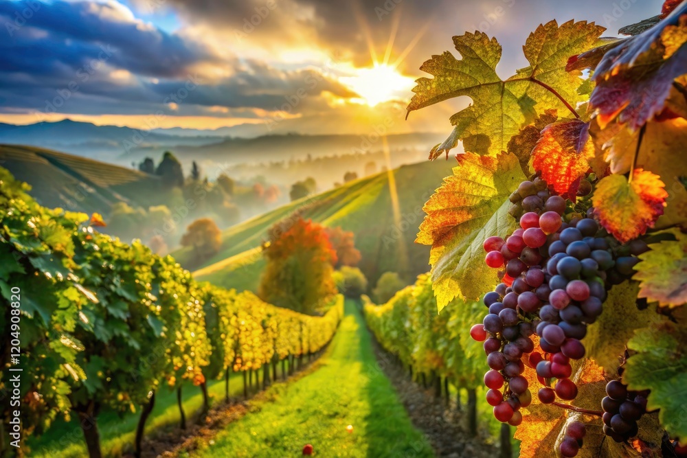 Fototapeta premium Macro Vineyard Landscape: Stunning Close-Up of Grapes & Vines, Endless Rows, Sunlit Hills, Autumn Harvest, Wine Country Photography