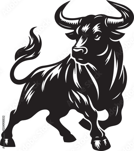 Big Bull looking dangerous with big horn and angry strong bull vector black and white.