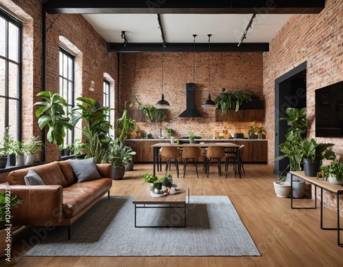 Modern Loft Apartment Interior Design with Brick Walls and Lush Greenery