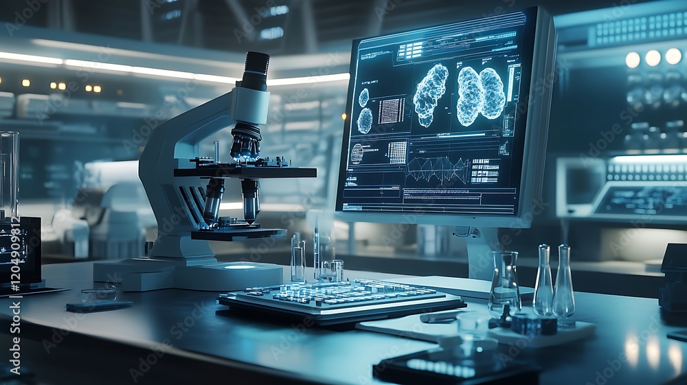 Modern Laboratory Workstation with Microscope and Computer Displaying Cell Data Modern Laboratory Workstation with Microscope and Computer Displaying Cell Data