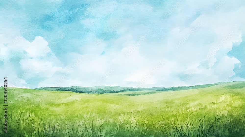 Fototapeta premium Serene Watercolor Landscape of Rolling Green Hills and Sky
