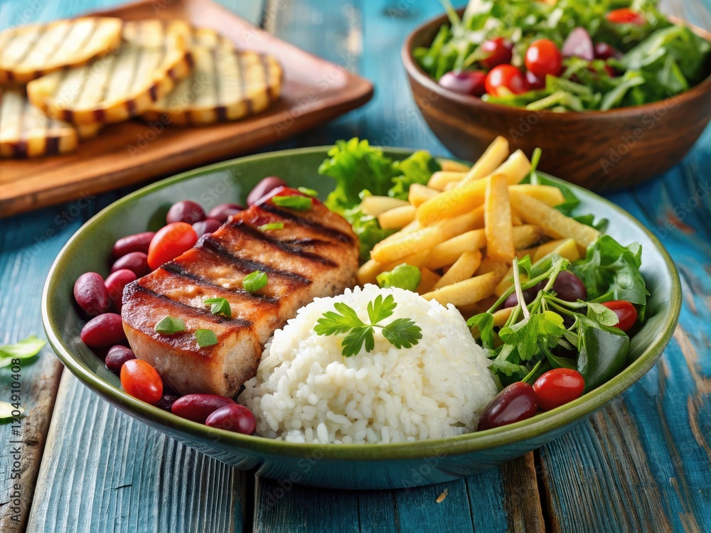 Minimalist Food Photography: Rice, Beans, Pork, Salad & Fries Minimalist Food Photography: Rice, Beans, Pork, Salad & Fries