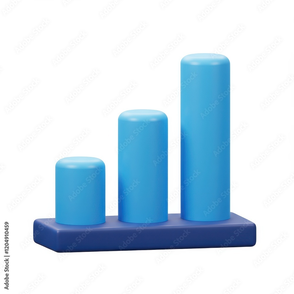 A 3D illustration of a bar chart with three vertical blue bars of varying heights on a dark blue base isolated on a white background A 3D illustration of a bar chart with three vertical blue bars of varying heights on a dark blue base isolated on a white background