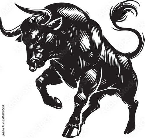 Big Bull looking dangerous with big horn and angry strong bull vector black and white.