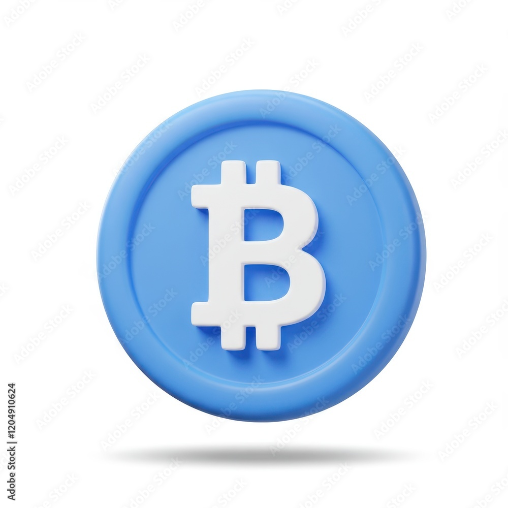 A 3D illustration of a blue circular coin with a white Bitcoin symbol in the center isolated on a white background A 3D illustration of a blue circular coin with a white Bitcoin symbol in the center isolated on a white background