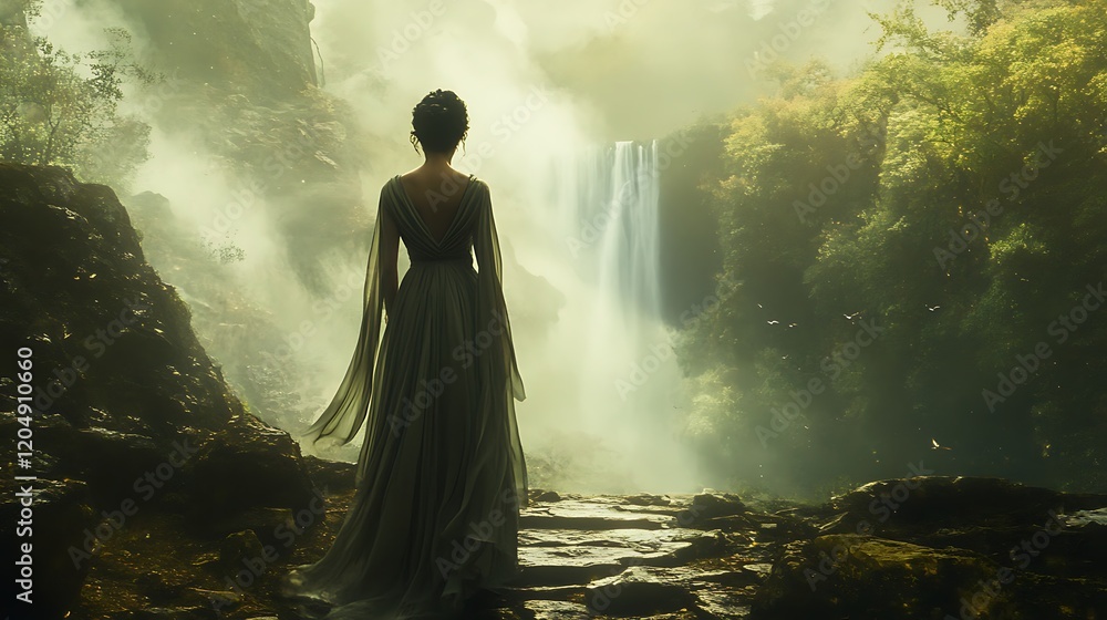 Obraz premium A Solitary Figure in a Mystical Forest, Contemplating a Waterfall