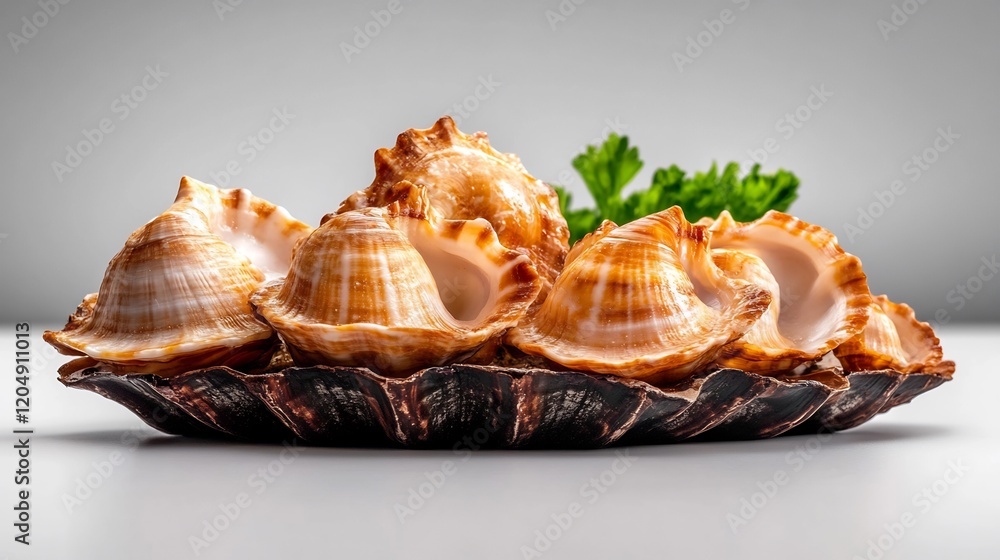 Elegant seashells rest beautifully on dark plate soft light. AI Generated Elegant seashells rest beautifully on dark plate soft light. AI Generated