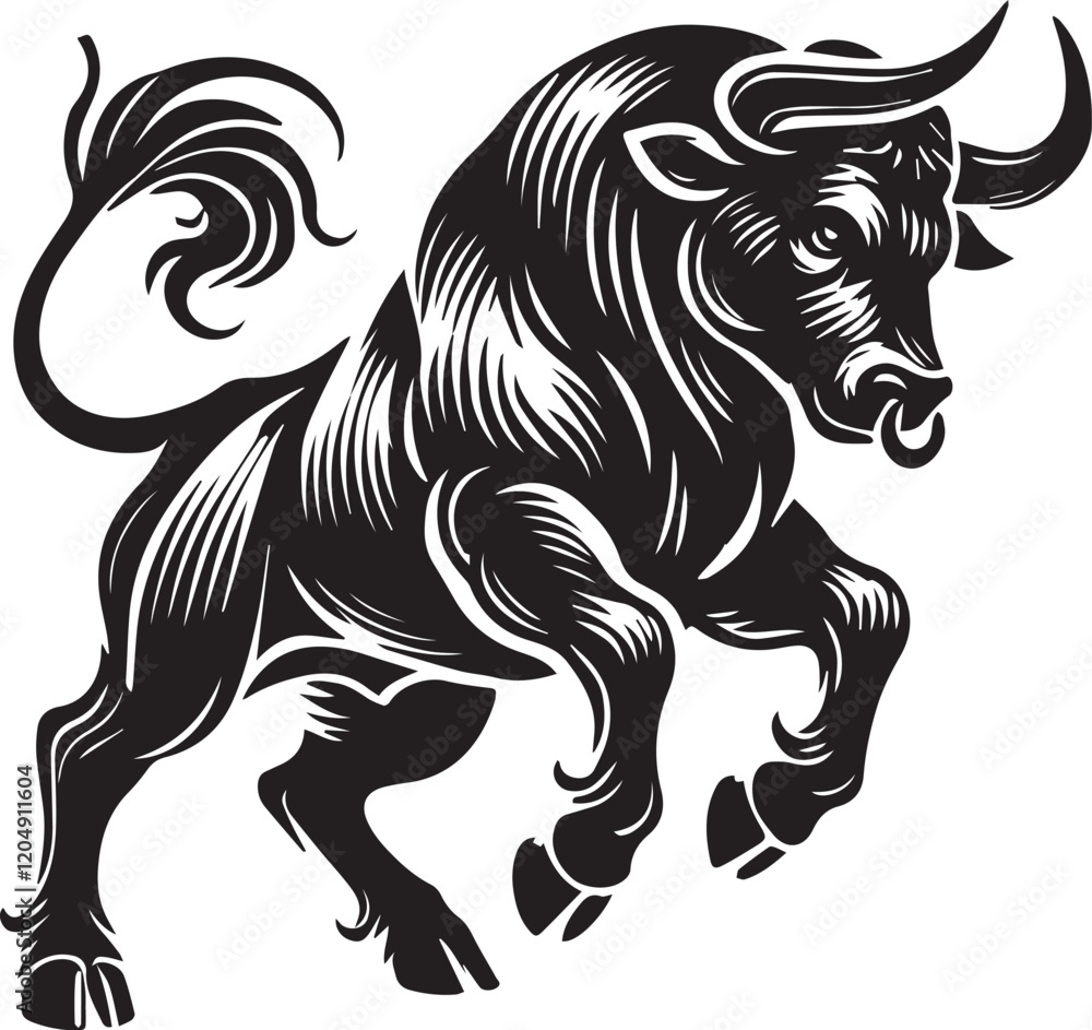Fototapeta premium Big Bull looking dangerous with big horn and angry strong bull vector black and white.