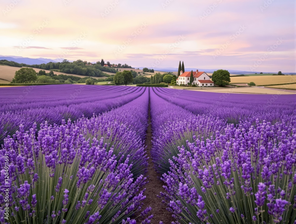 Obraz premium Sunset Lavender Field with Farmhouse and Rolling Hills