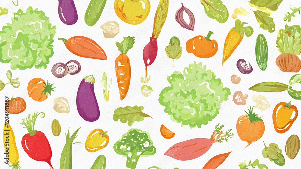 Fototapeta premium Seamless Pattern of Colorful Hand-Drawn Vegetables on a White Background
