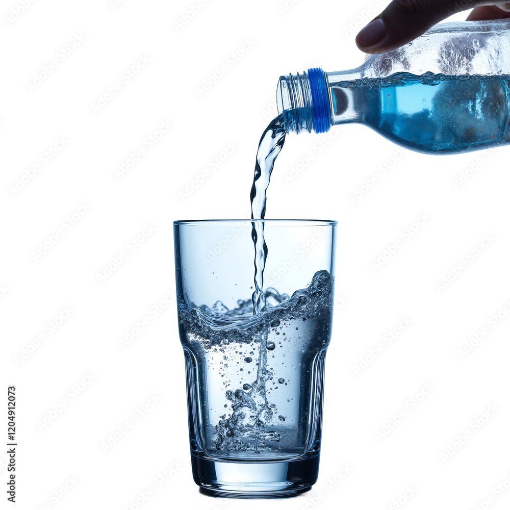 Hand pouring water from a plastic bottle into a glass, transparent background Hand pouring water from a plastic bottle into a glass, transparent background