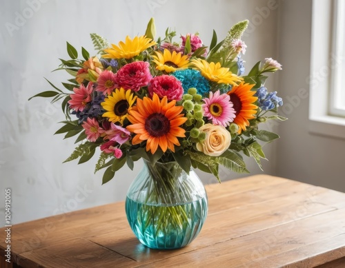Wallpaper Mural Vibrant Summer Bouquet of Sunflowers, Gerbera Daisies and Roses in a Teal Vase Torontodigital.ca