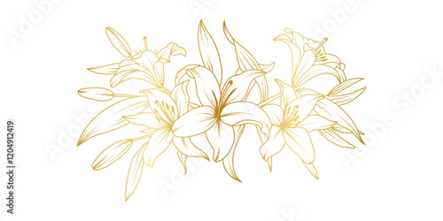 Golden lily flowers line art isolated on white background. Luxury lilies floral design elements for invitation, wedding, wallpaper, print template, vector illustration