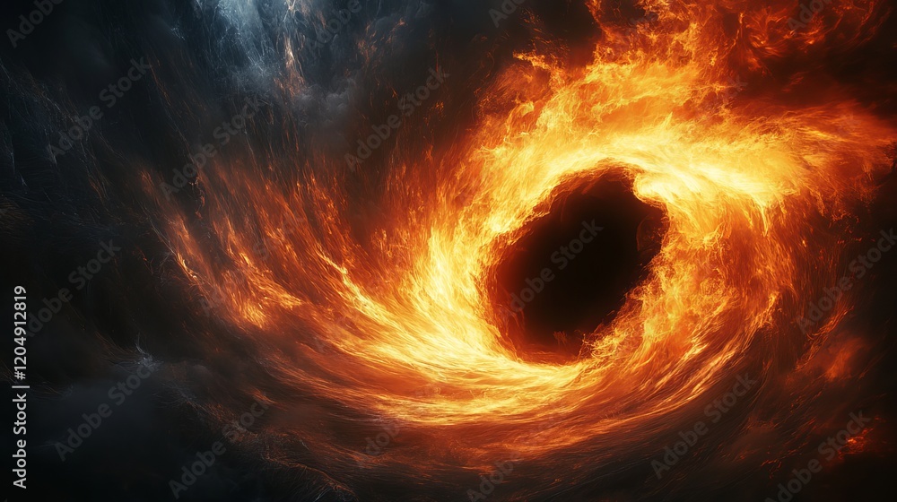 Fototapeta premium A Mysterious Black Hole in the Night Sky Surrounded by Vibrant Orange Flames Creating an Otherworldly Scene