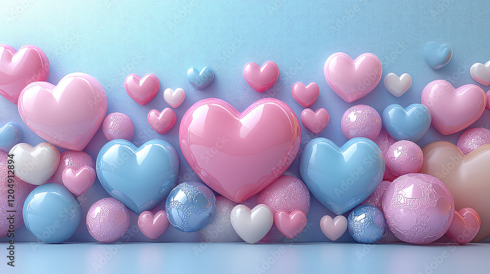 Pastel pink and blue hearts and spheres on a light blue background. A festive, romantic 3D render. Pastel pink and blue hearts and spheres on a light blue background. A festive, romantic 3D render.