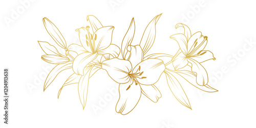 Golden lily flowers line art isolated on white background. Luxury lilies floral design elements for invitation, wedding, wallpaper, print template, vector illustration