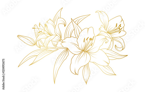 Golden lily flowers line art isolated on white background. Luxury lilies floral design elements for invitation, wedding, wallpaper, print template, vector illustration