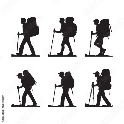 Set of silhouette of Hiking man. hikers with rucksacks and backpack silhouette.