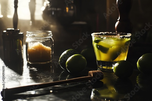 Lime cocktail.Caipirinha.Classic caipirinha.Brazilian cocktail.Cachaça drink.A Caipirinha on a sleek black table, surrounded by bright green limes, a muddler photo