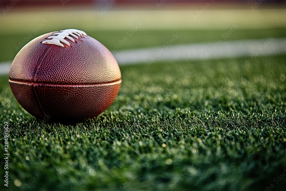 A close-up of an American football resting on a green freshly mowed field A close-up of an American football resting on a green freshly mowed field