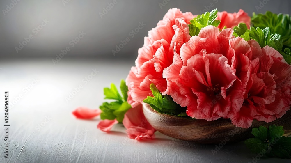 Soft light illuminates delicate coral flowers artfully arranged in a shallow bowl. AI Generated Soft light illuminates delicate coral flowers artfully arranged in a shallow bowl. AI Generated