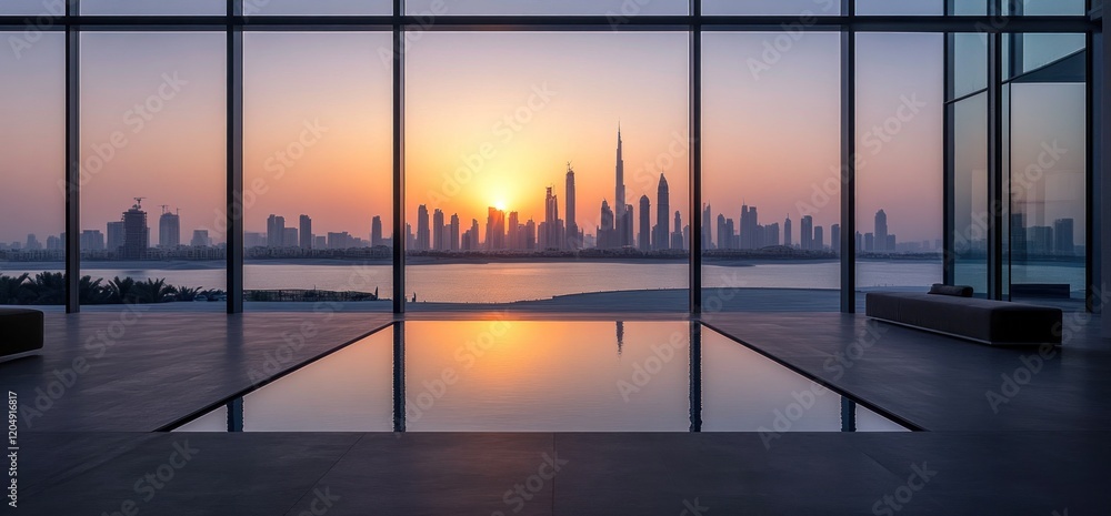 Fototapeta premium Dubai Skyline Sunset Reflection: A Serene View from a Modern Infinity Pool
