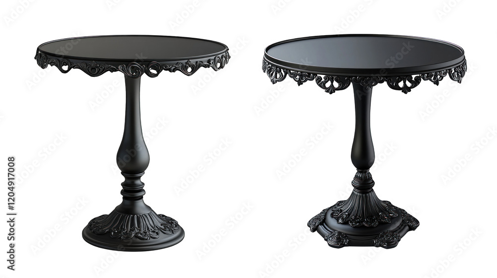 Two black tables with lace designs on them Two black tables with lace designs on them